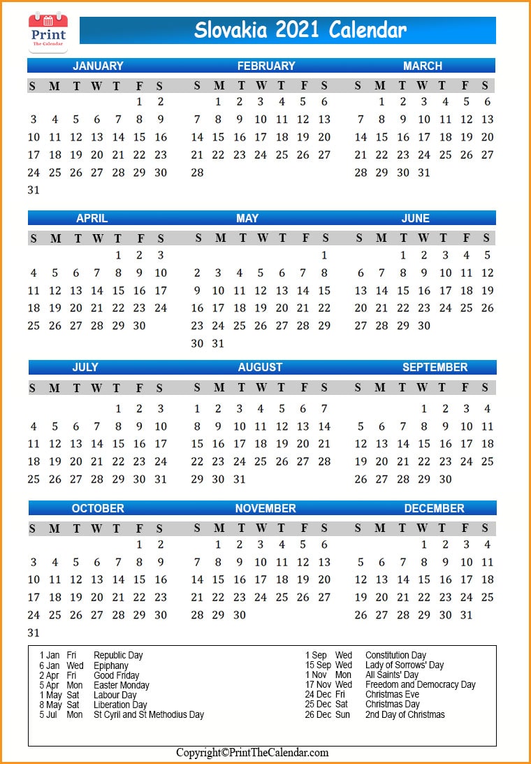Slovakia Calendar 2021